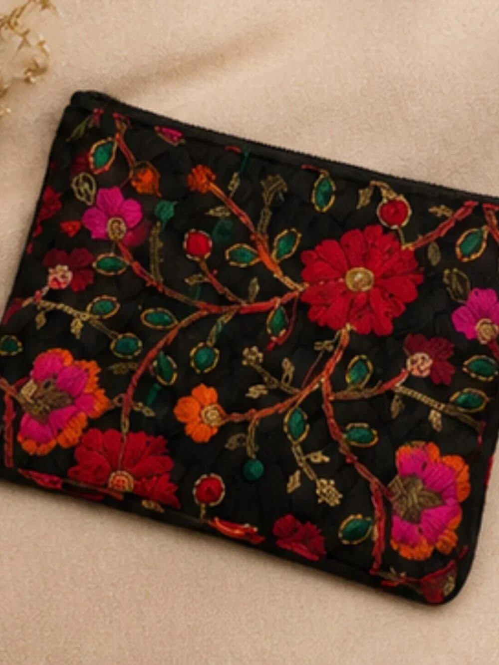 Boho Embroidered Floral Zip Pouch | Black Cosmetic Bag | Artisan Makeup Organize